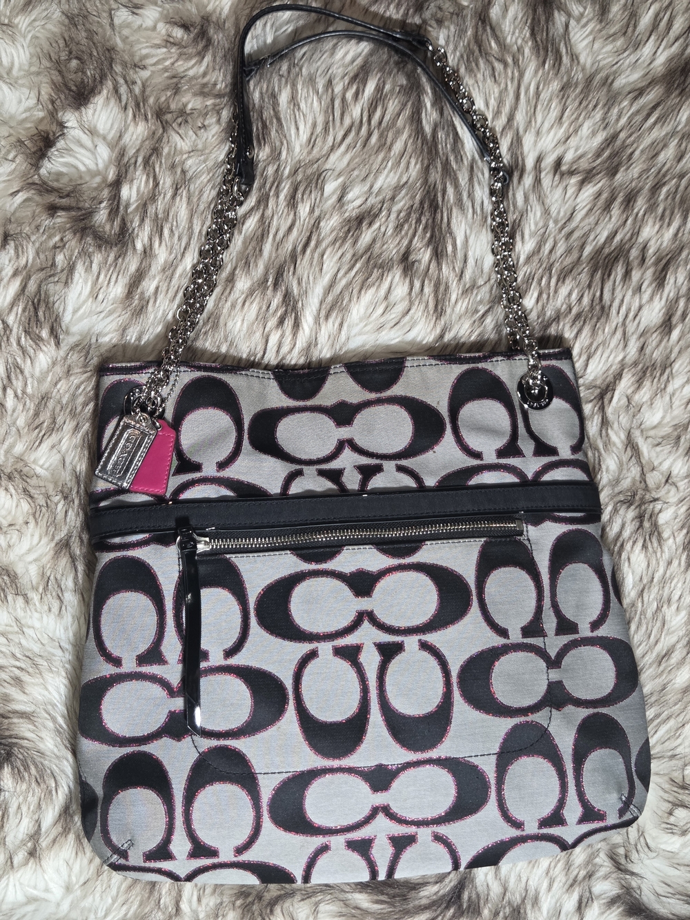 Coach Poppy Metallic Signature Slim Tote Gray 2 Tags (Style 21161) - Picture 13 of 14